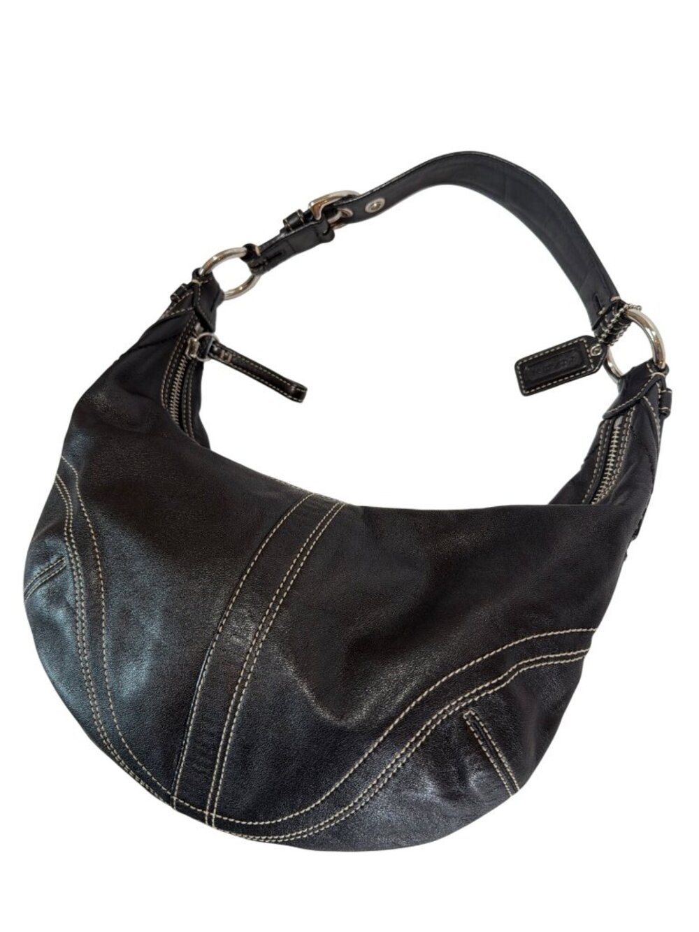 Coach Vintage Y2K Black Leather Soho Hobo Crescent Bag With White Contrast Stitc